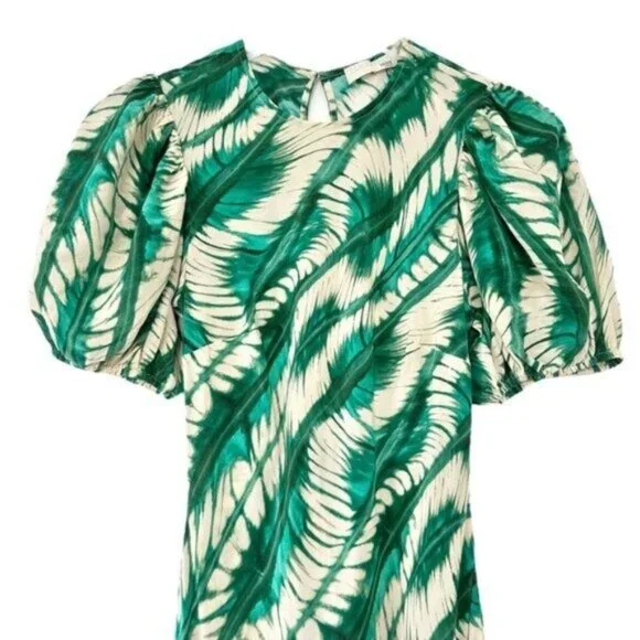 Ulla Johnson Ines Acacia Green Puff Sleeve Printed Silk Midi Dress Size 0 - Picture 4 of 12